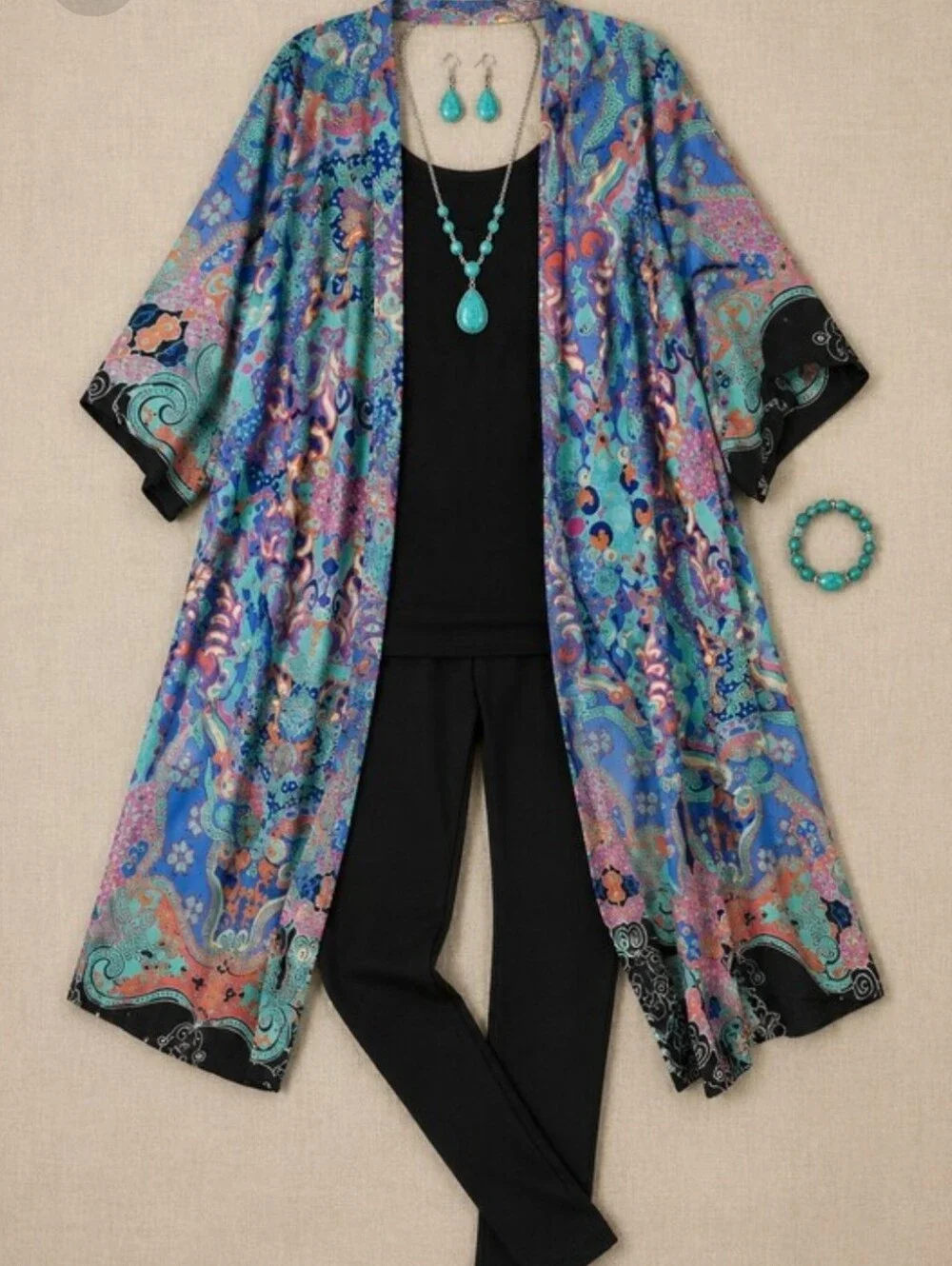 BOHO Paisley Kimono Robe One Size | Beach Cover Up | Bohemian Duster Cardigan | - Picture 7 of 7